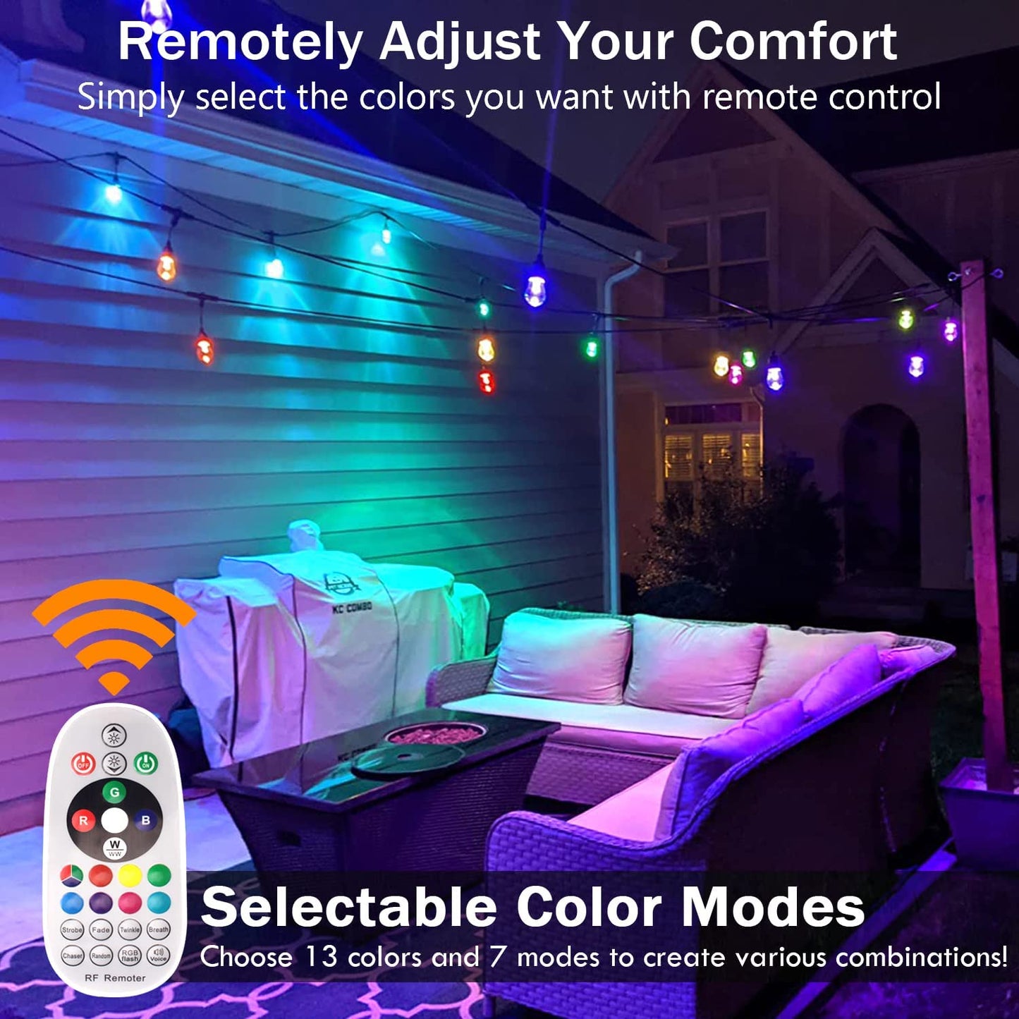 2-Pack 48ft Outdoor String Light with 15 RGBWW Color Changing Bulbs Remote Control for Patio Backyard Garden Gazebo Pool Party Indoor