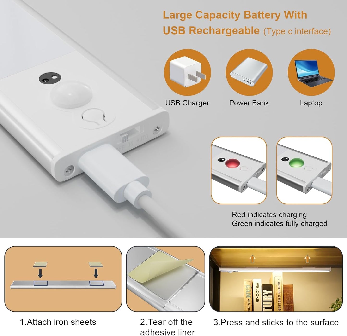 Battery Operated Under Cabinet Light, Motion Activated, 3 Color Modes, Rechargeable