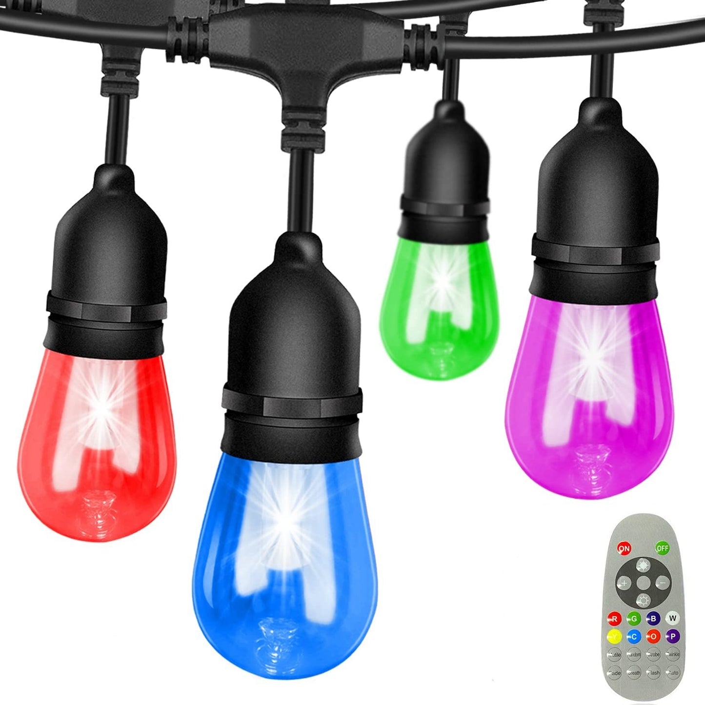 48ft Outdoor String Light with 15pcs Color Changing Bulbs Remote Control for Patio Backyard Garden Gazebo Porch Lawn Pool