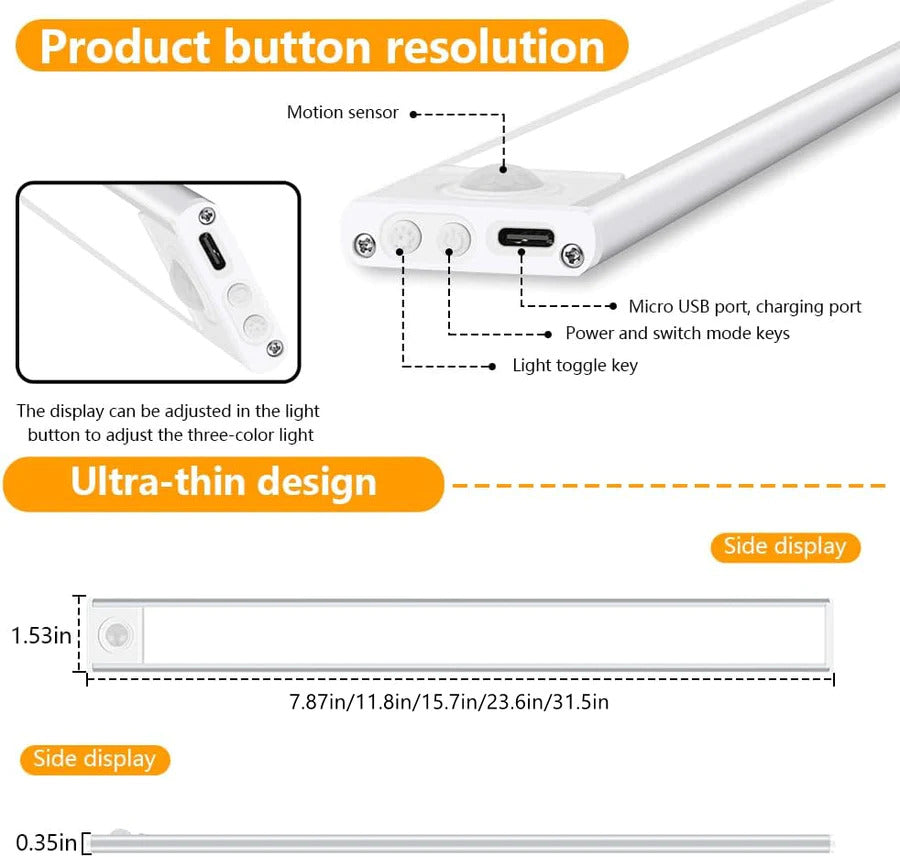 Battery Operated Under Cabinet Light, Motion Activated, 3 Color Modes, Rechargeable