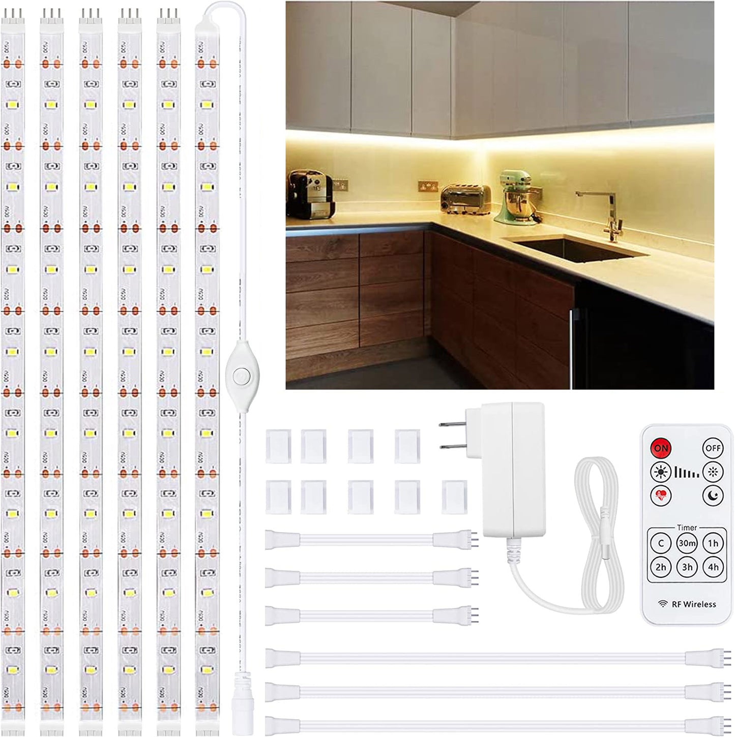 6pcs 20" Under Cabinet Lighting Kit, Flexible LED Strip Lights with Remote for Kitchen, Cupboard,Desk, Monitor Back,Shelf, 9.8FT