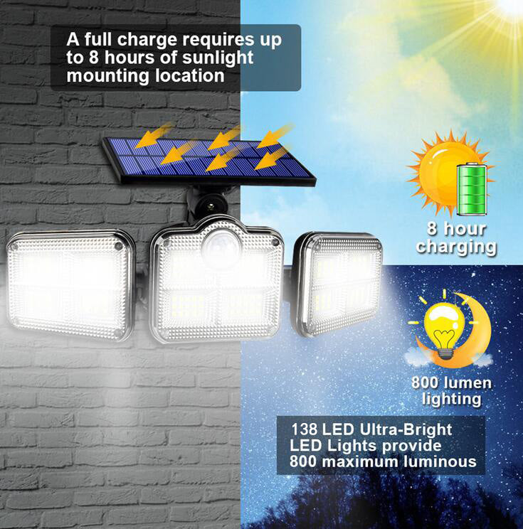 Outdoor Solar Light with Motion Sensor, LED Security Lights, 138 led, 3 Adjustable Head Waterproof Wireless Wall Lights