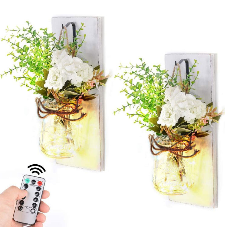 Set of 2 - Rustic Wall Sconces - Mason Jar Sconces, Wrought Iron Hooks with LED Fairy Lights, Flowers, Remote for Wall Door Home Decor Gift