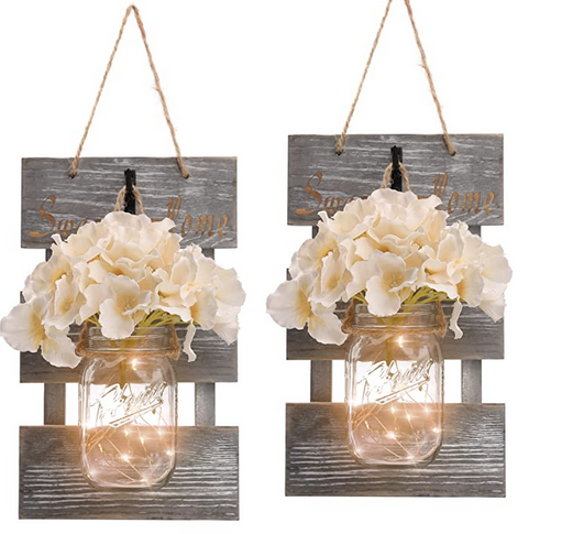 Set of 2 - Rustic Wall Sconces - Mason Jars Sconce with Wrought Iron Hooks, Flowers, LED Fairy Lights with Timer for Home Wall Decor Gift