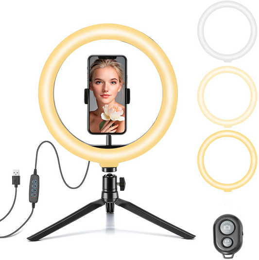 10" LED Ring Light with Tripod Stand & Phone Holder Dimmable Desk Makeup Light for Live Streaming YouTube, TikTok, Photography, Shooting