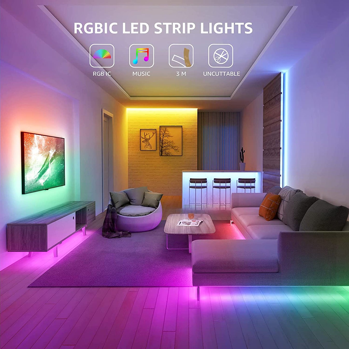RGB LED Strip Lights, Wi-Fi Remote Control Music-Synced Color Changing for TV Restaurant Bar Club Home Bedroom Party Under Cabinet