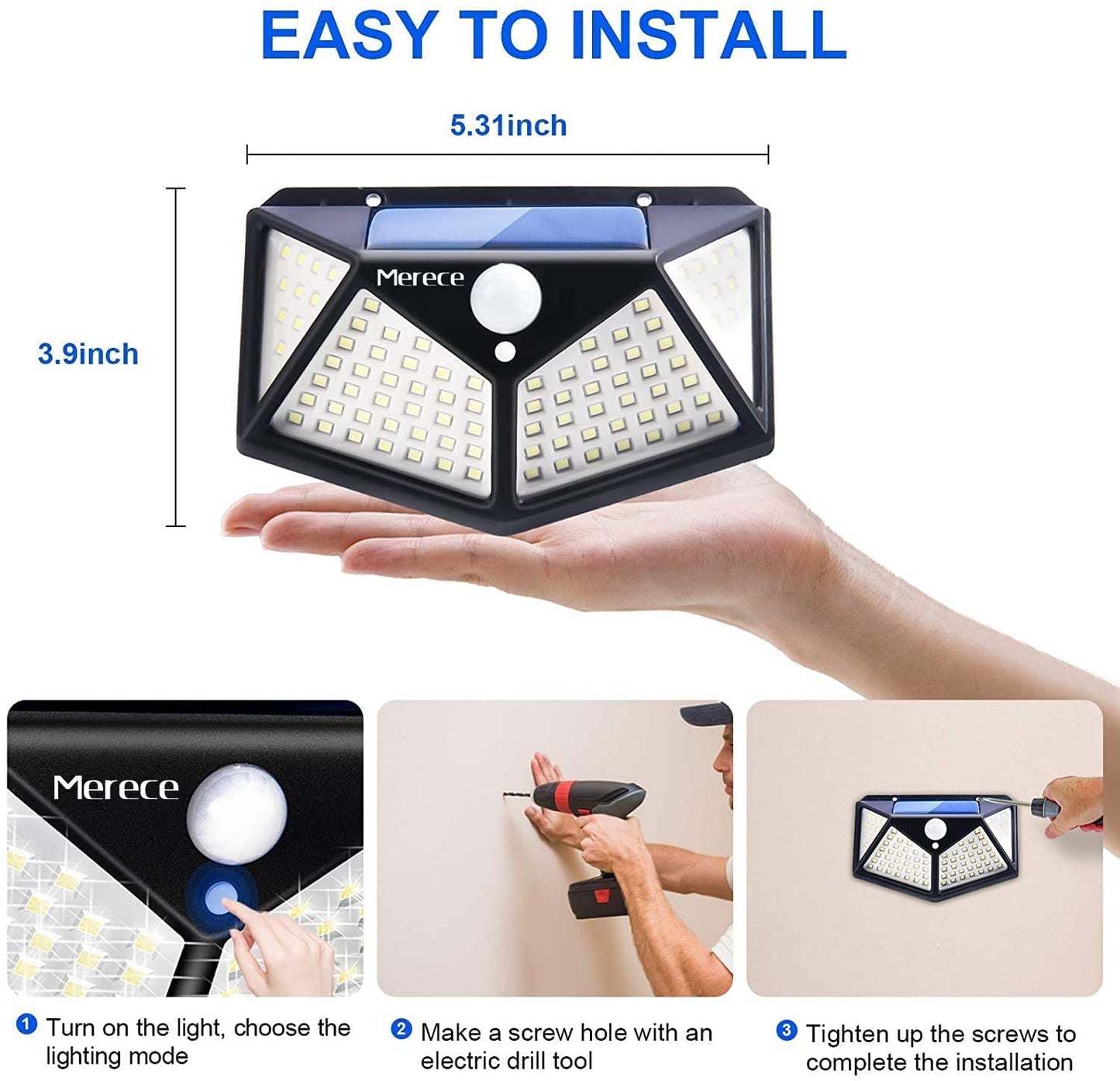 Outdoor Solar Lights, Motion Sensor LED Security Light, 100 LED, IP65 Waterproof for Wall Yard, Stairs, Garage, Fence, Porch