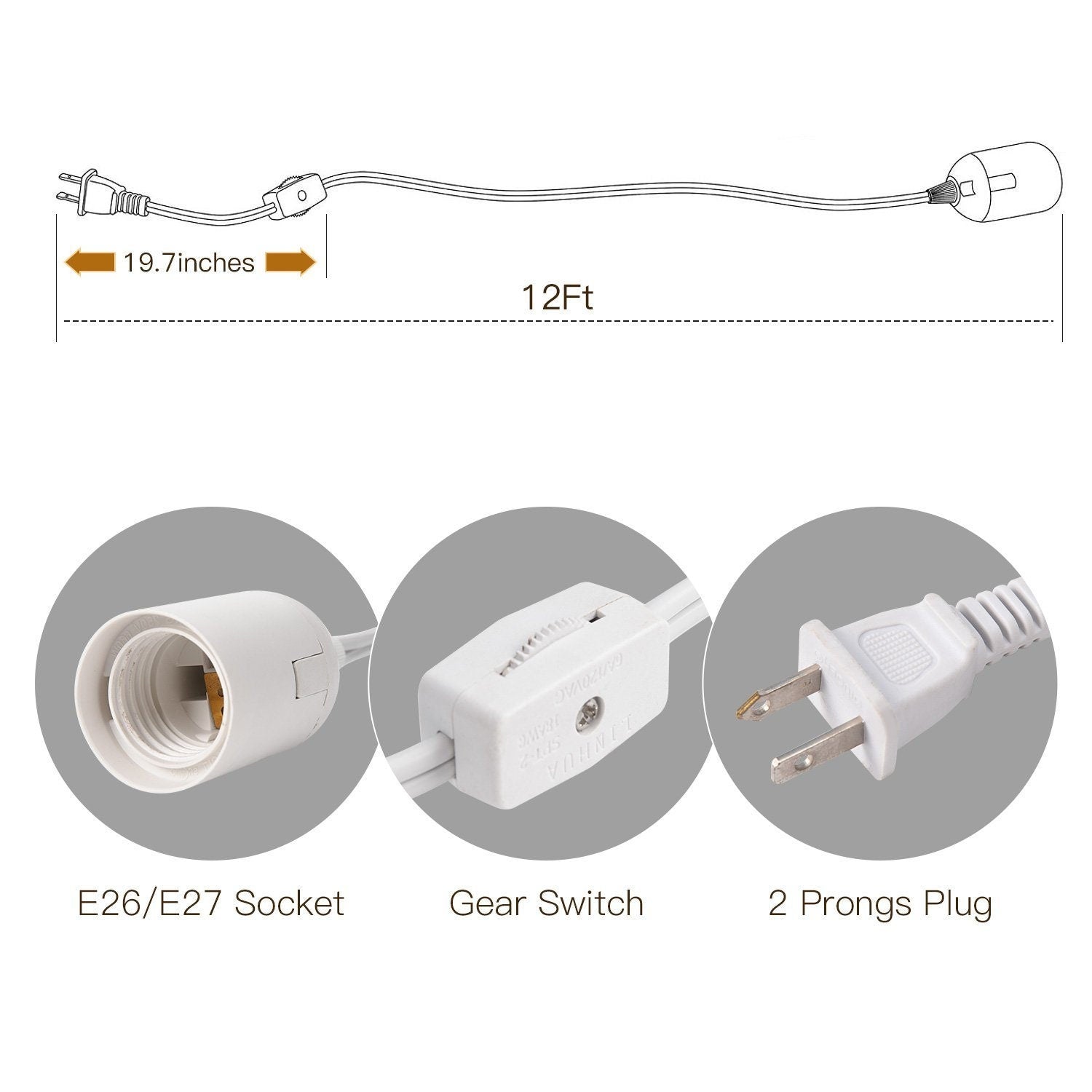 12ft E26/E27 Hanging Light Socket with Gear Switch Lantern Extension Cord  2-Prong US AC Power Plugs Pendant Lights Salt Lamps