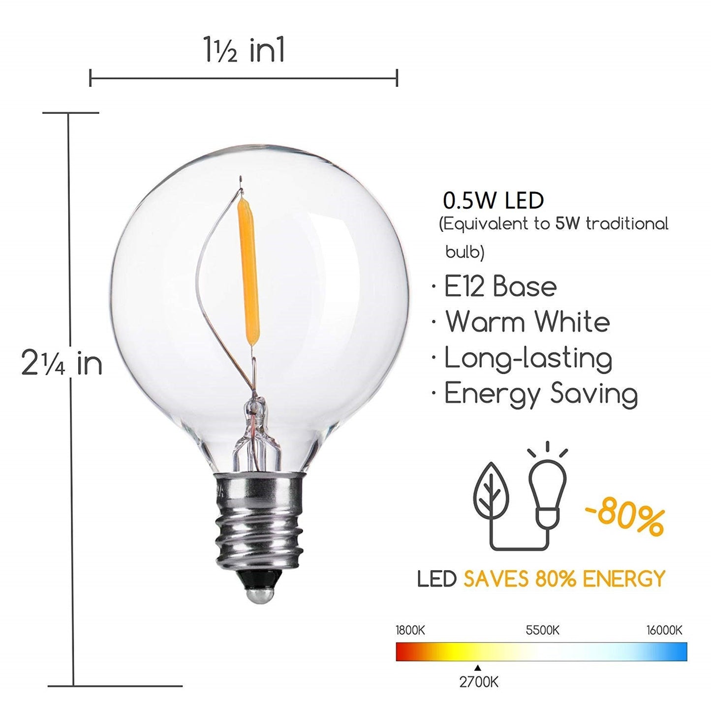 Pack of 25 Globe G40 LED Light Bulbs For String Lights Replacement Bulbs Fits E12 and C7 Base