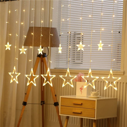 LED Fairy String Lights with 12 Stars for Curtain Bedroom, Wedding, Party, Window, Wall, Christmas Decorations Gift Warm White