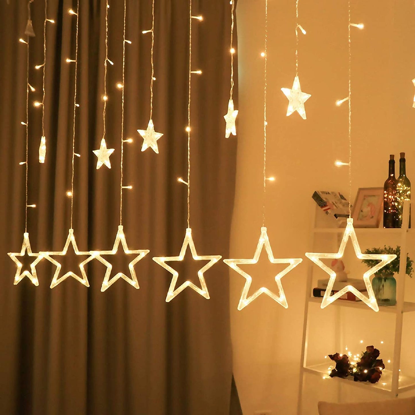 LED Fairy String Lights with 12 Stars for Curtain Bedroom, Wedding, Party, Window, Wall, Christmas Decorations Gift Warm White