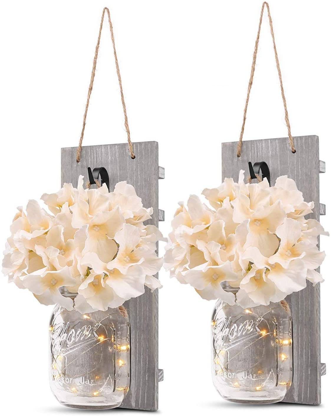 Set of 2 - Rustic Wall Sconces - Mason Jars Sconce with Wrought Iron Hooks, Flowers, LED Fairy Lights for Home Wall Decoration Gift