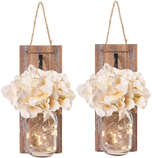 Set of 2 - Rustic Wall Sconces - Mason Jars Sconce with Wrought Iron Hooks, Flowers, LED Fairy Lights for Home Wall Decoration Gift