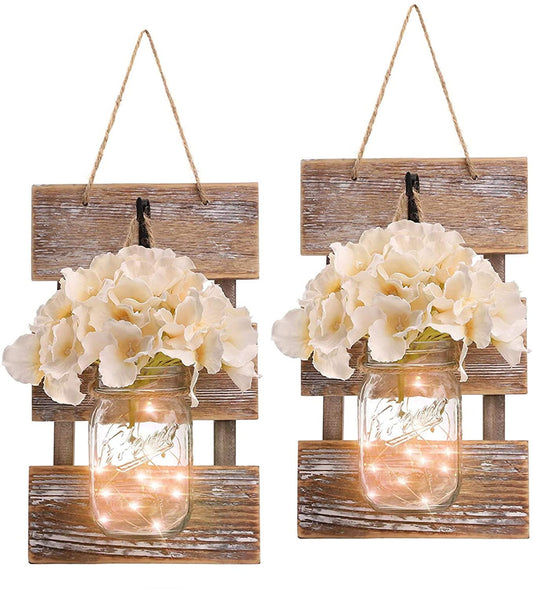Set of 2 - Rustic Wall Sconces - Mason Jars Sconce with Wrought Iron Hooks, Flowers, LED Fairy Lights with Timer for Home Wall Decor Gift
