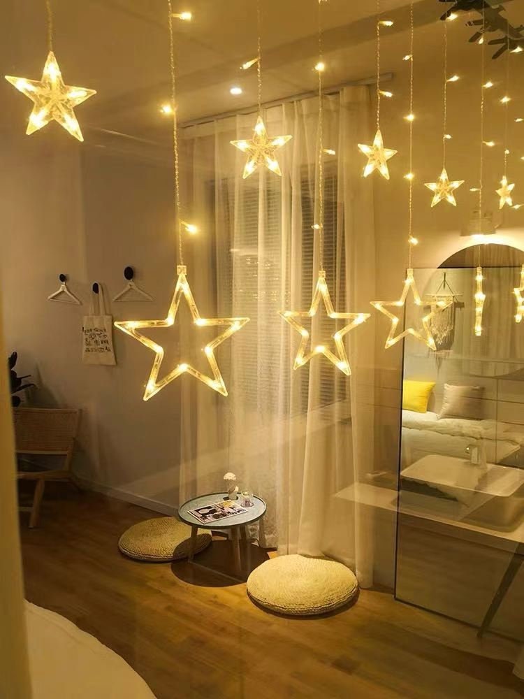 LED Fairy String Lights with 12 Stars for Curtain Bedroom, Wedding, Party, Window, Wall, Christmas Decorations Gift Warm White