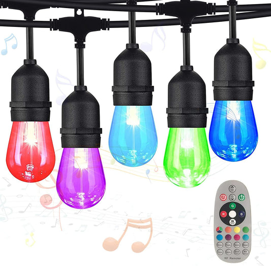 48ft Outdoor String Light with 15 RGBW Color Changing Bulbs Music-Synced Weatherproof for Patio Yard Garden Gazebo Porch Lawn