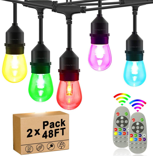 2-Pack 48ft Outdoor String Light with 15 RGBWW Color Changing Bulbs Remote Control for Patio Backyard Garden Gazebo Pool Party Indoor