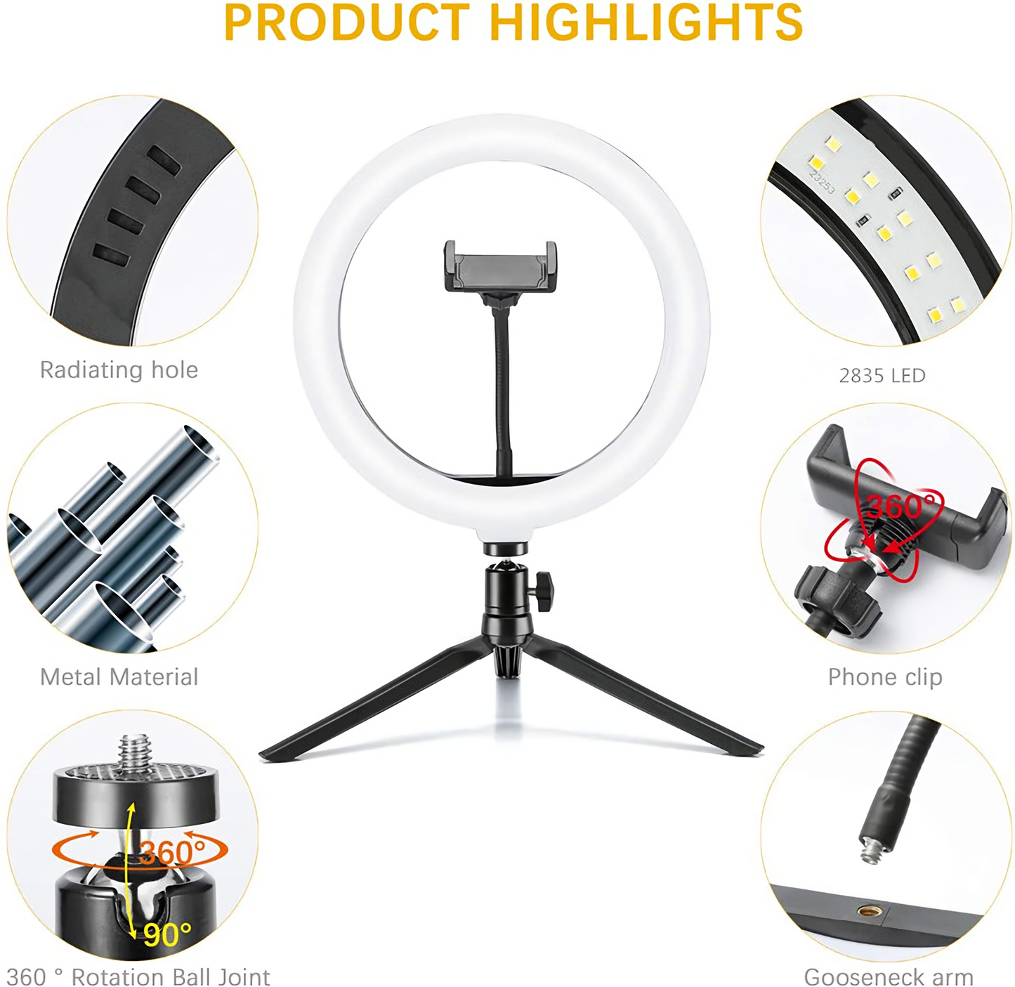 10" LED Ring Light with Tripod Stand & Phone Holder Dimmable Desk Makeup Light for Live Streaming YouTube, TikTok, Photography, Shooting
